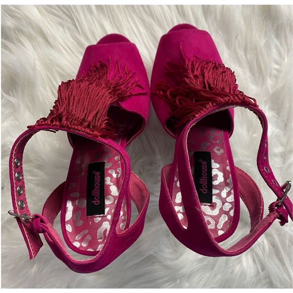 Dollhouse Barbie Hot Pink Fringe Open Toe Platform Sandal Size 7 - Picture 5 of 9
